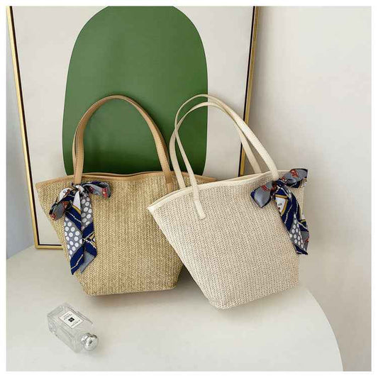 Summer Hand Held Large Capacity Straw Bag Retro Silk Scarf Woven Bag Beach Tote Bag One-Shoulder Wild Vegetable Basket Bag