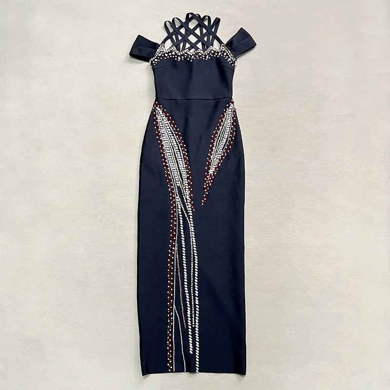 Style Backless Halter Sleeveless Fitted Beaded Embellished Bodycon Long Maxi Pencil Party Dress