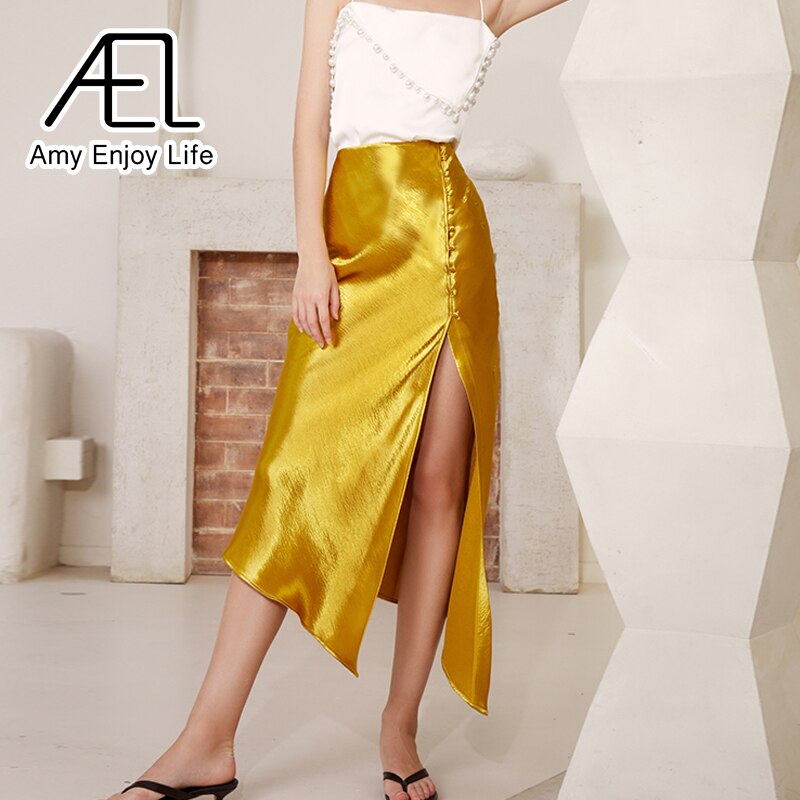AEL Asymmetric High Split Skirt Woman Long Satin Skirt Sexy Wrap Hip Summer Femme Midiskirt High Waist Golden