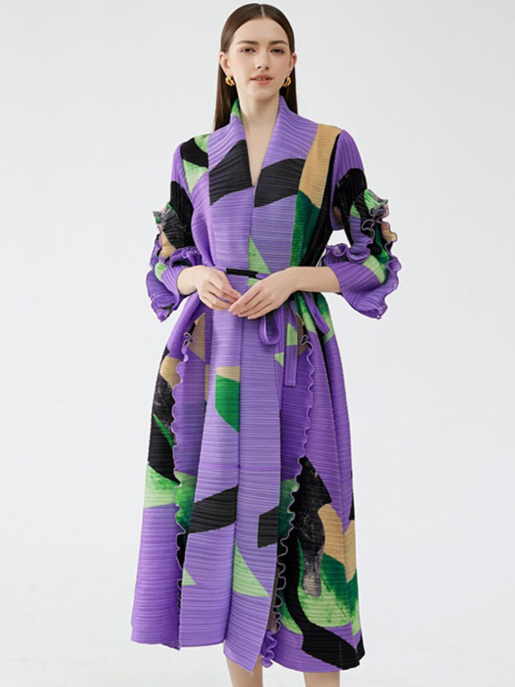 Pleated Print Loose Dress Women Laple Belt Spliced Ruffles Medium Long Casual  Spring Summer New Female Fashion
