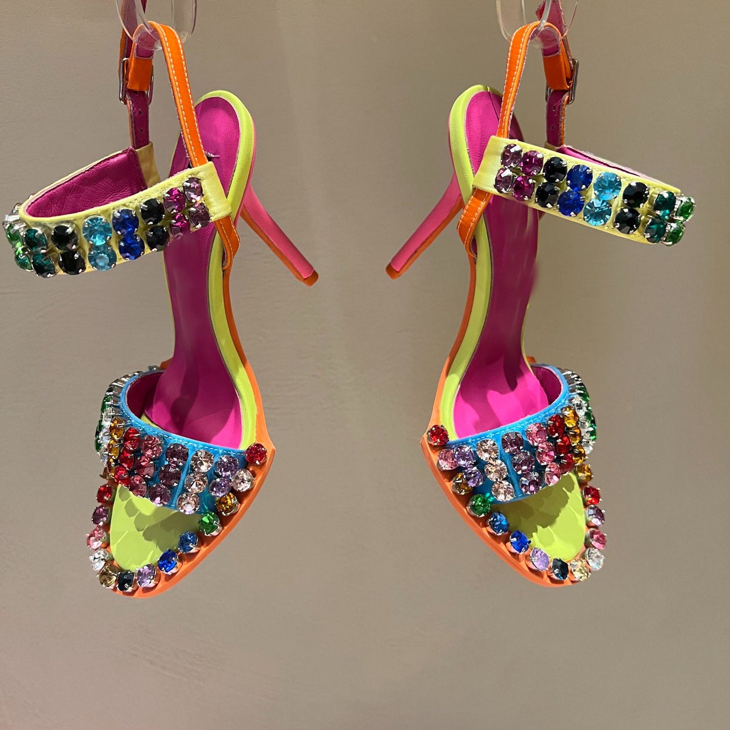 Newest Rhinestones High Heel Sandals Summer Open Toe Ankle Strap Dress Shoes Colorful Stones Wedding Heels