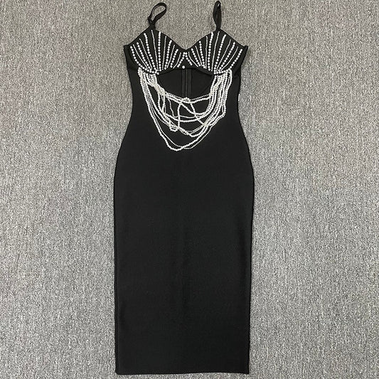 Sexy suspender heavy-duty beaded diamond chain front hollow hip-covering bandage skirt dress