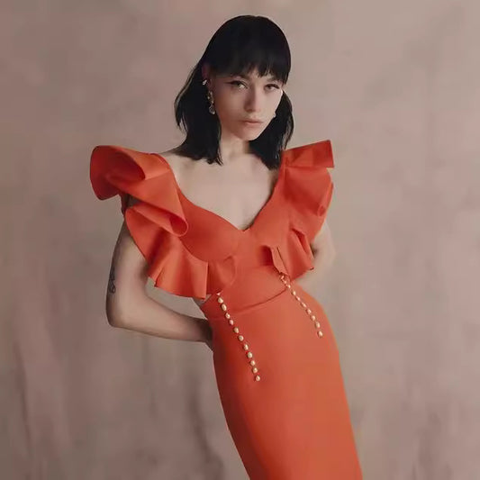 European and American summer new high-end fashion temperament bandage sleeveless orange dress long women's dress