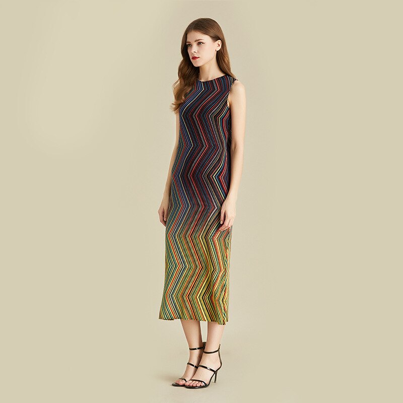 Pleated Dress Women Sleeveless Colorful Striped Halter Long Length Casual Elegant Slim