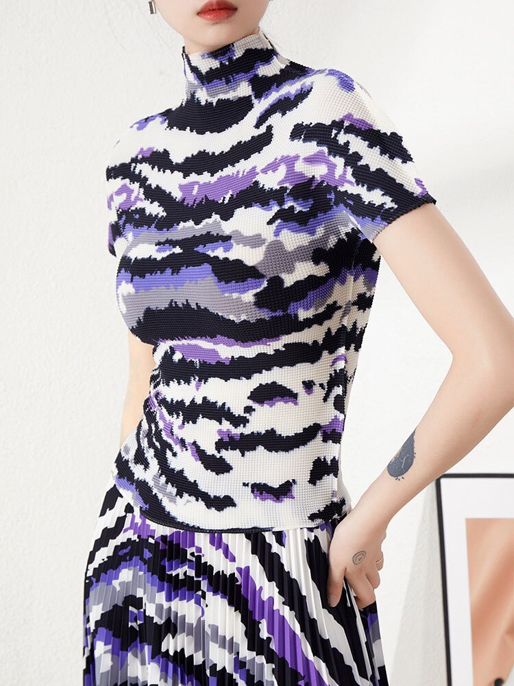 Printing Pleated Set Women Summer Elastic Slimming Stand Collar Short Sleeve T-shirt Top Long Skirt Fashion