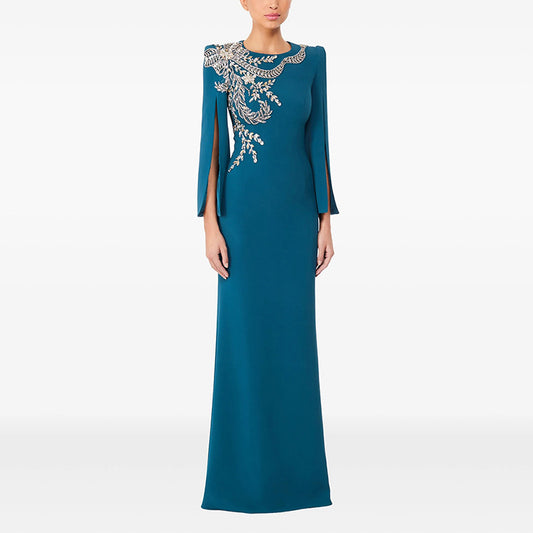 Split sleeve nail bead studded diamond long dress