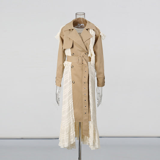 Chic Runway Unique Small Crowd Jacket Women Summer Waist Belt Lace Trim Blazer Trench Coat