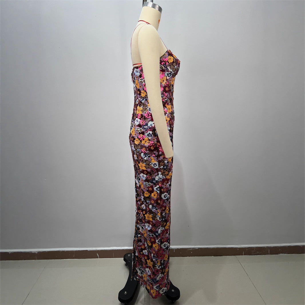Women's Style Casual Backless Tube Top Slim Fit Floral Decorated Long Bodycon Dress