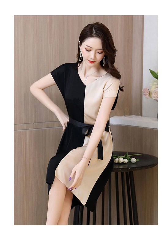Contrast Color Dress For Women V-neck Short Sleeve Patchwork Casual Loose Vestido Robe Summer