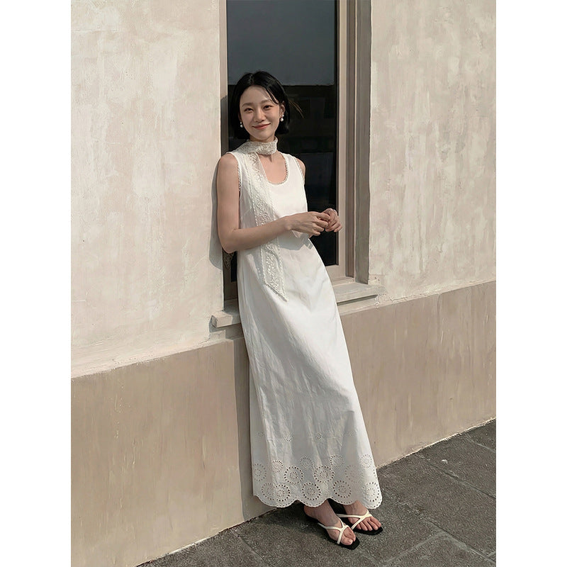 French Minimalist Lace Sleeveless Dress Summer Commuter Versatile Straight Long Dress