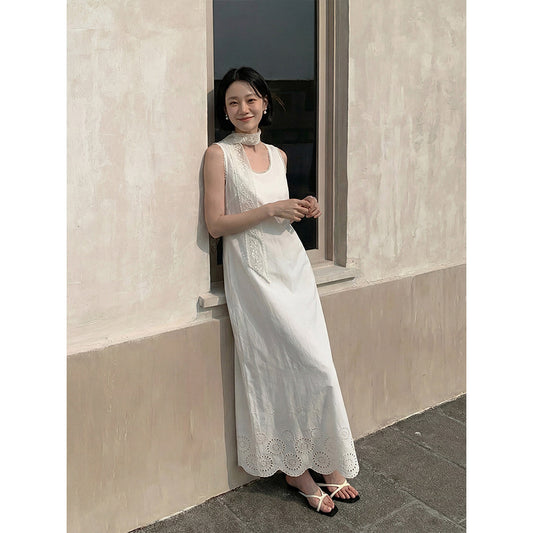French Minimalist Lace Sleeveless Dress Summer Commuter Versatile Straight Long Dress