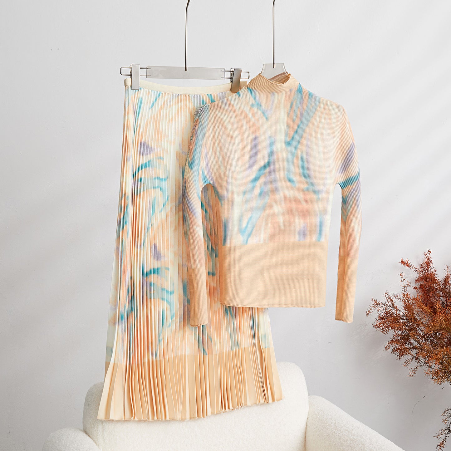 Fashion Print Pleated 2 Pieces Set Women's Round Neck Long Sleeves Slim Top High Waist Spliced Female Clothes