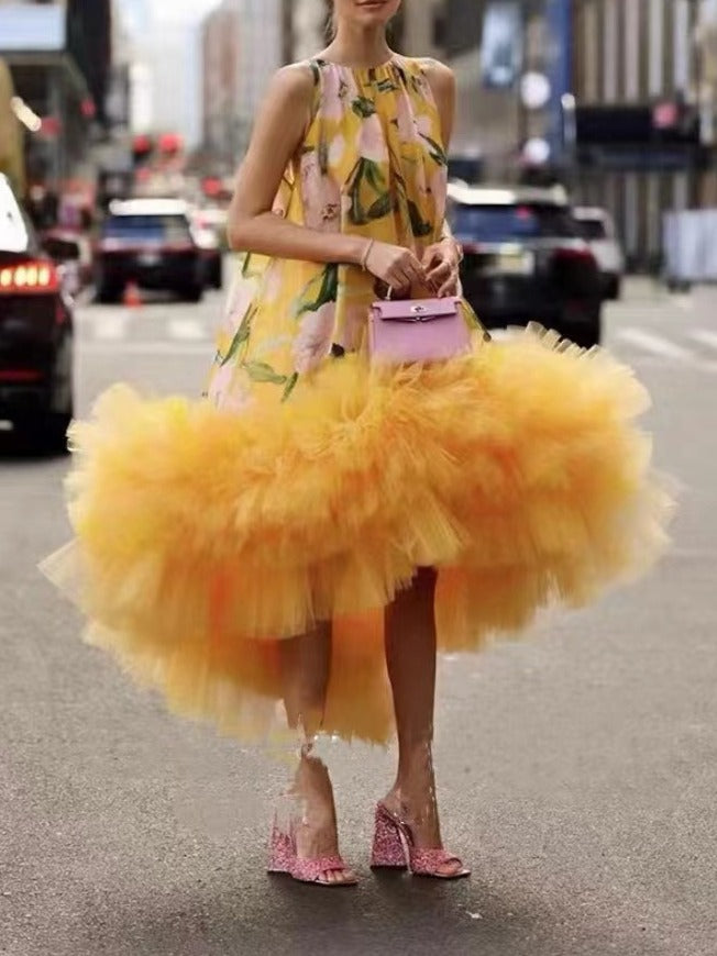 Print Mesh Ruffled Dresses For Women Round Neck Sleeveless High Waist Loose Eelgant Dress Female Spring