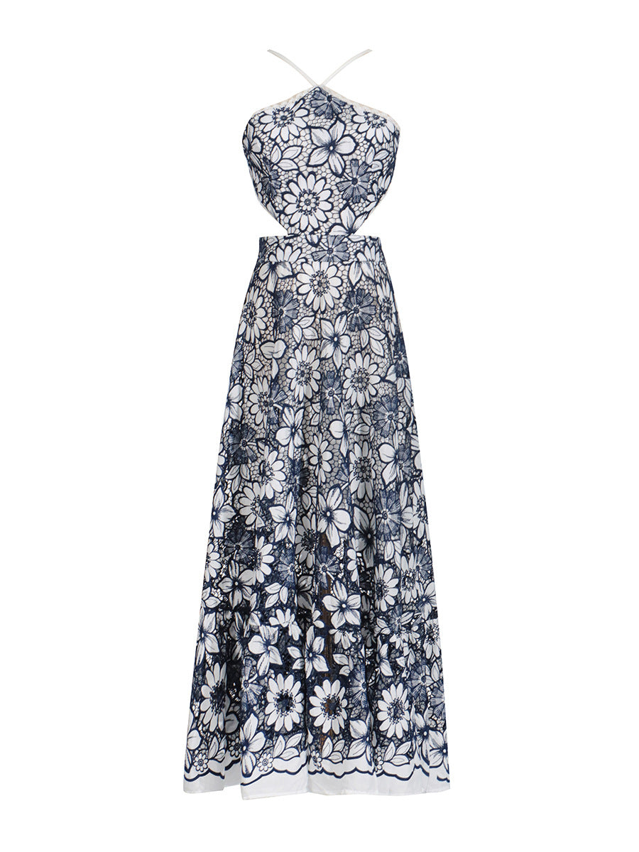Sexy Vacation Style Dress with Floral Print and Hollow-out Waist Design for Women