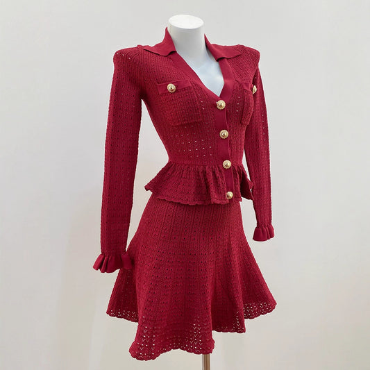 Elegant Wine Red Hollow Out Two-Piece Dress for Women