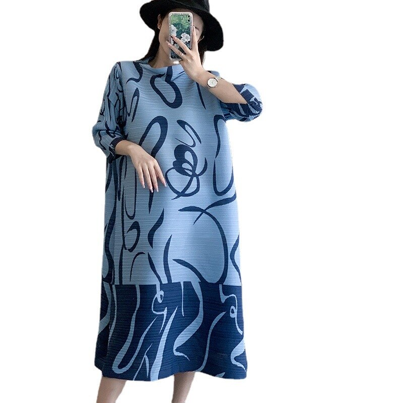 Miyake Pleated Spring New Women's French Fashion Print Dress Loose And Thin Belly-Covering Long Skirt