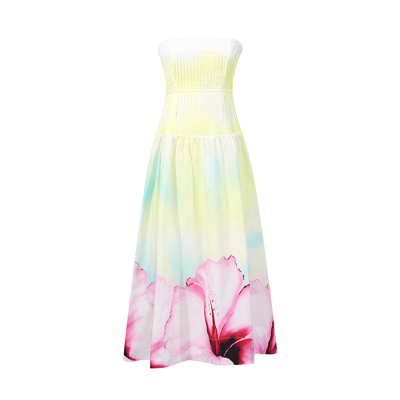 French Trendy Sexy Strapless Dress Fashion Floral Print Pleated Fitted Sleeveless Dress
