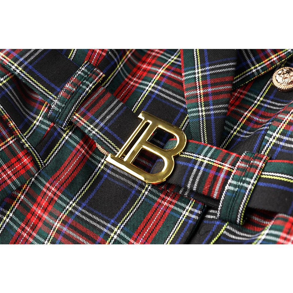 Red and black checkered temperament waist cinching suit skirt B-belt skirt commuting suit dress