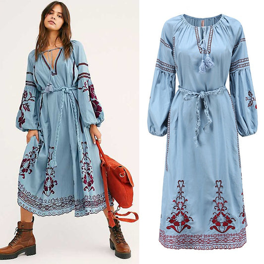 Bohemian lantern long sleeve embroidered neckline lace-up resort beach dress with belt