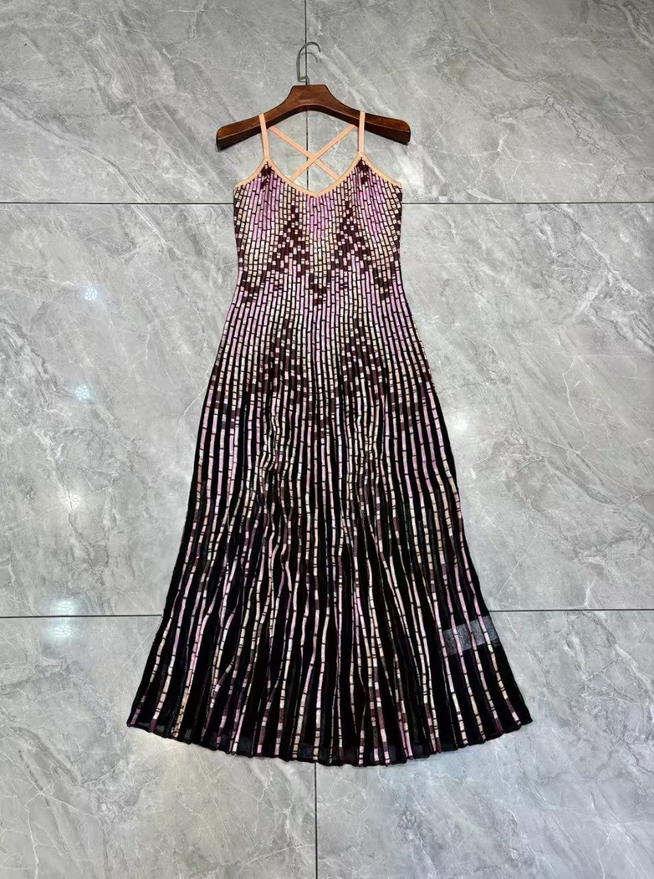 Retro temperament commuting color striped patchwork camisole pleated skirt long skirt fishtail dress