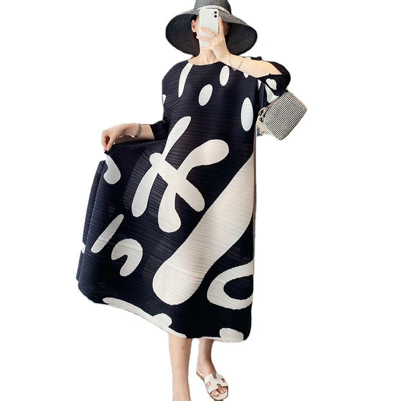 Pleated Dress Horizontal Pleated Elastic Print Loose Large Size Cover Belly All-Match Bottoming Skirt