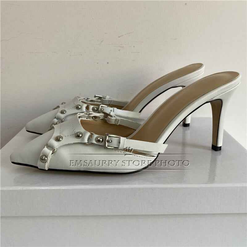 Sexy Rivet Decor Buckle Belt Point Toe Sandals Women Thin High Heel Genuine Leather Slingbacks Party Shoes Summer