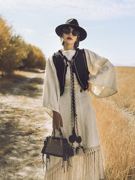 Vintage Versatile Tassel Knitted Dress Women's Spring and Autumn New Style Sweater Long Dress