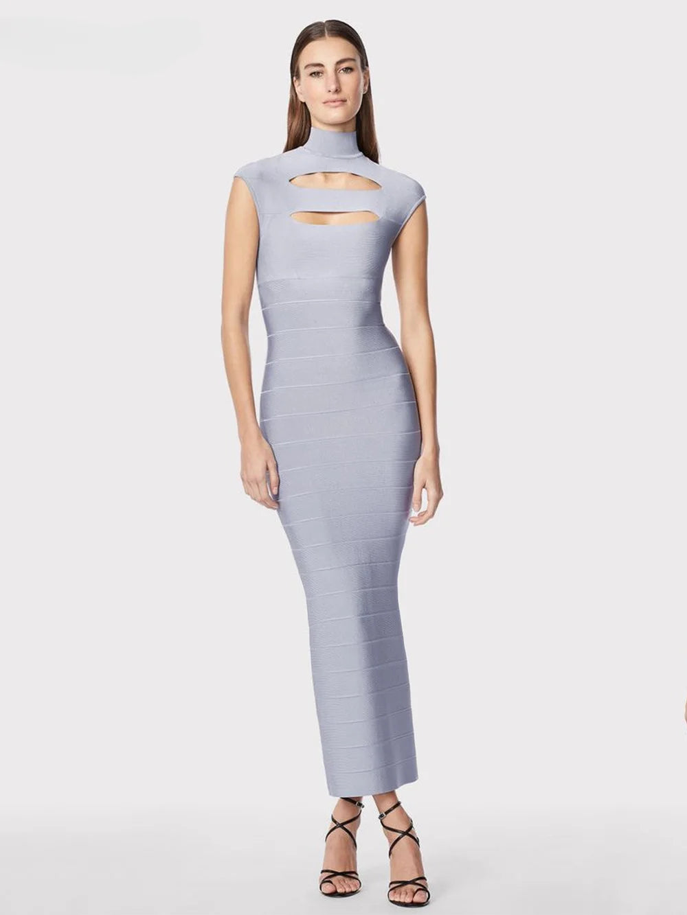 Grey Bandage Dress Women's Sleeveless Stand Collar Hollow Bodycon Celebrity Party Club Maxi Dress Vestidos