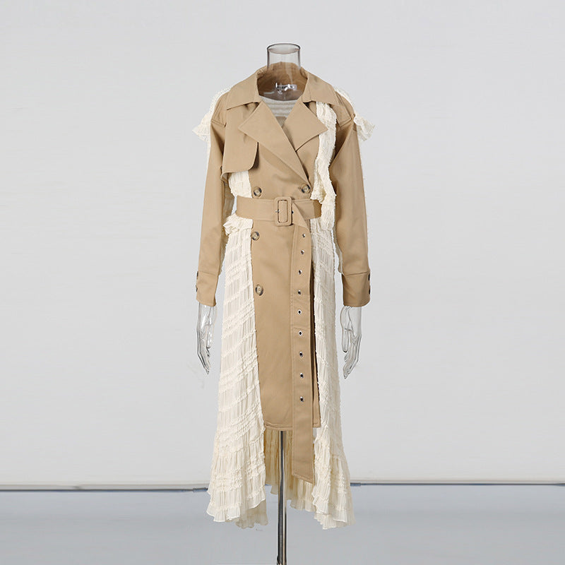 Chic Runway Unique Small Crowd Jacket Women Summer Waist Belt Lace Trim Blazer Trench Coat