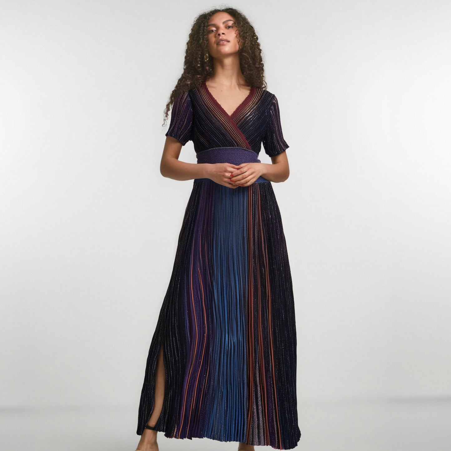 Nanyou Summer Gradient Color Striped Long Skirt Temperament Commuting Pleated Skirt Waist Knitted Elastic Dress