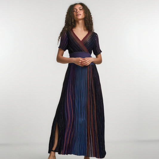 Nanyou Summer Gradient Color Striped Long Skirt Temperament Commuting Pleated Skirt Waist Knitted Elastic Dress
