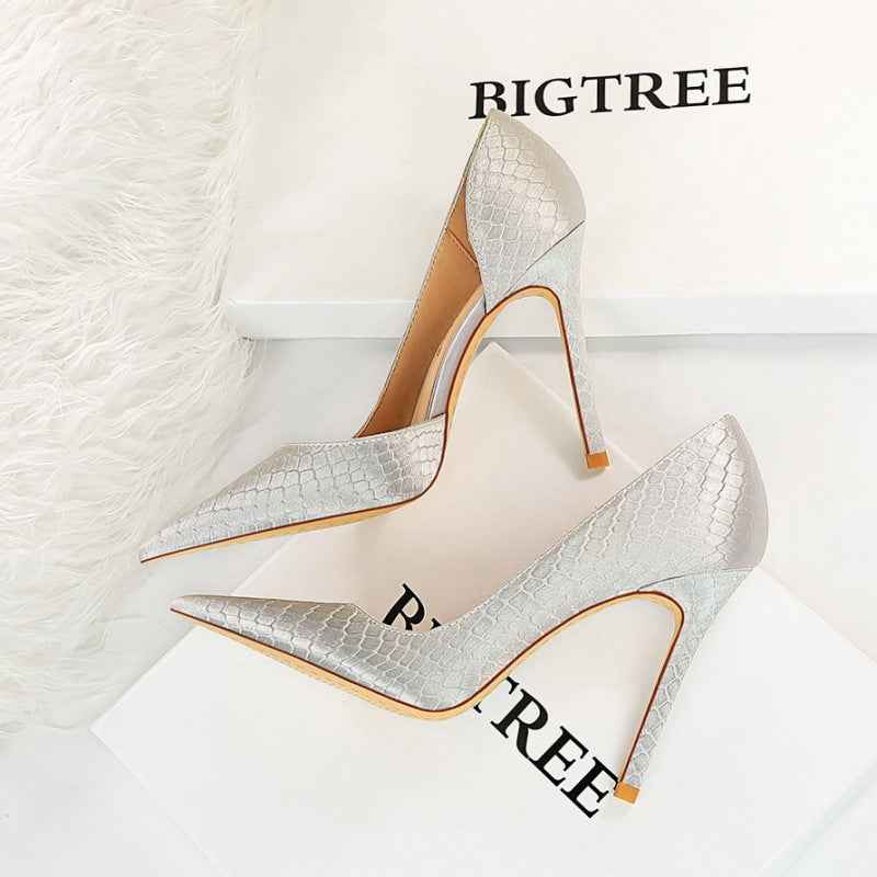 Thin heeled super high heels with shallow side hollow snake pattern silk high heels for women