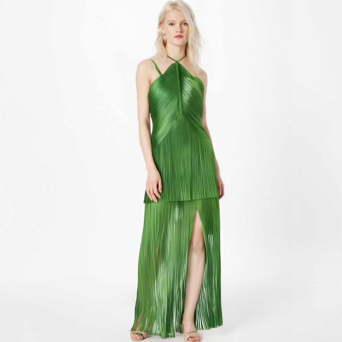 Green neckline suspender long skirt with tassel at the hem evening party dress