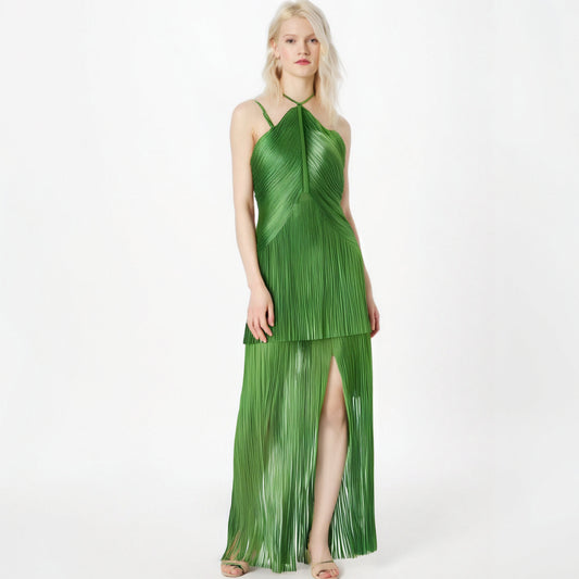 Green neckline suspender long skirt with tassel at the hem evening party dress