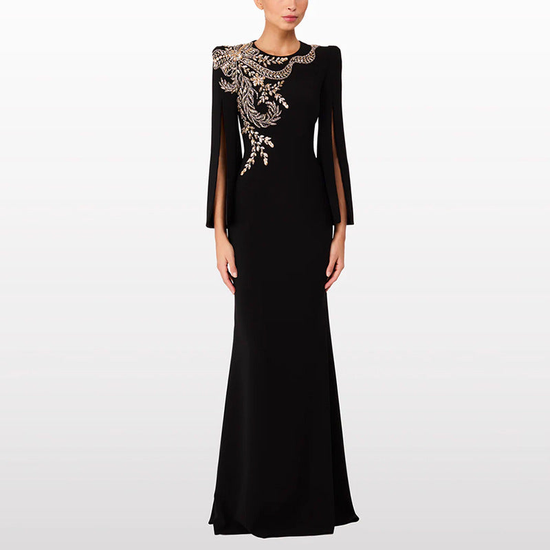 Split sleeve nail bead studded diamond long dress