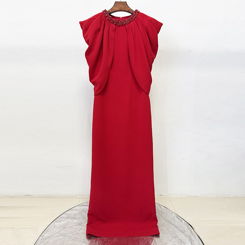 Evening Gown Long Dress with Batwing Sleeve, Shoulder Sleeve, Fitted Beaded Red Full-Length Dress