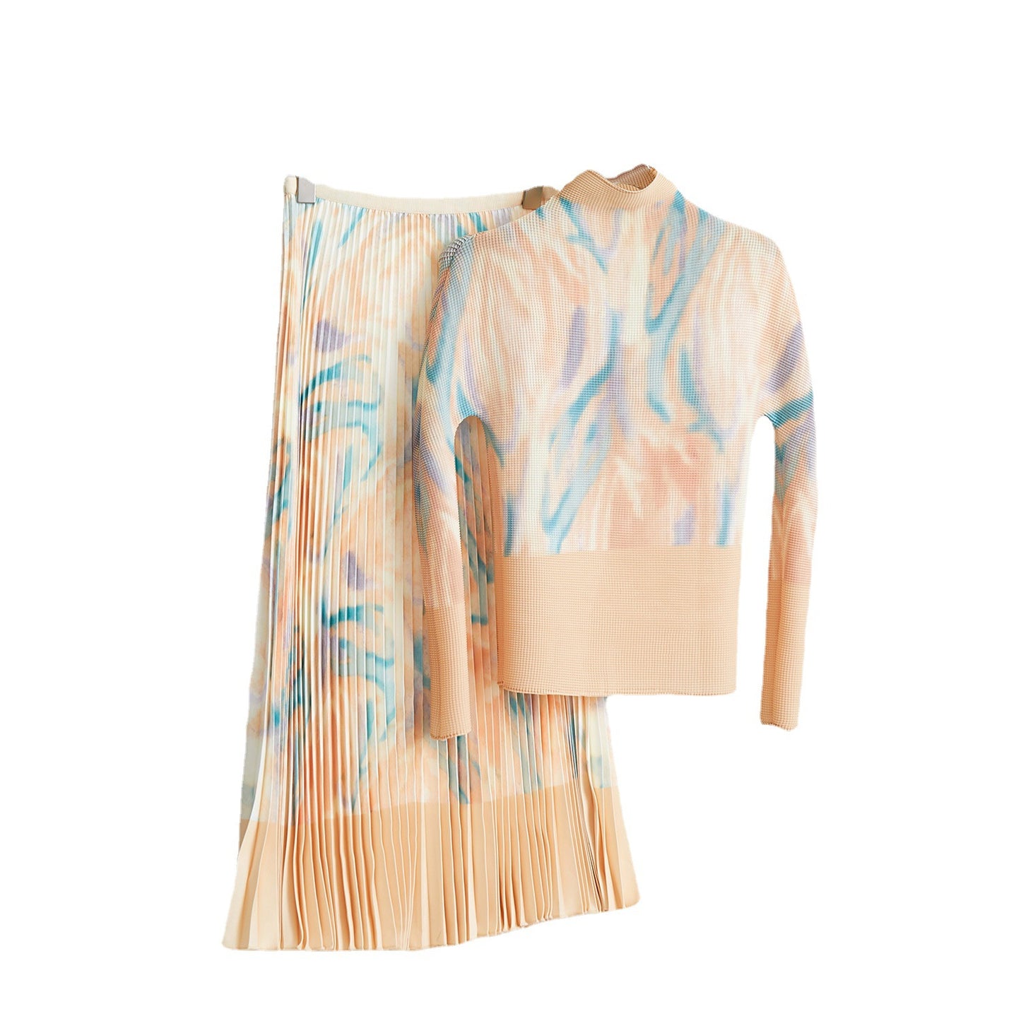 Fashion Print Pleated 2 Pieces Set Women's Round Neck Long Sleeves Slim Top High Waist Spliced Female Clothes