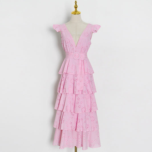 Simple Design Solid Color Cake Skirt Summer New Sexy V-Neck Hook Flower Hollow Stitching Dress