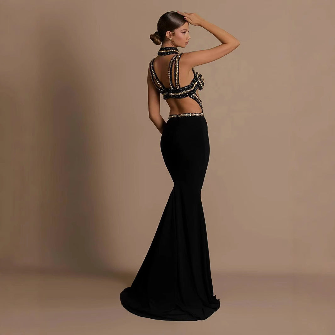 Black gold bandage dress with hollowed out suspender and backless cocktail dress