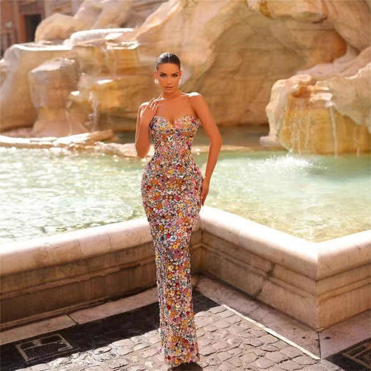 Women's Style Casual Backless Tube Top Slim Fit Floral Decorated Long Bodycon Dress