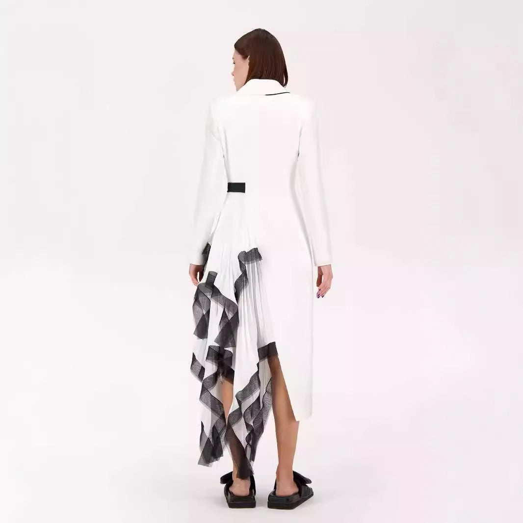 Asymmetric pleated loose mouth ruffle edge contrasting long suit jacket for women