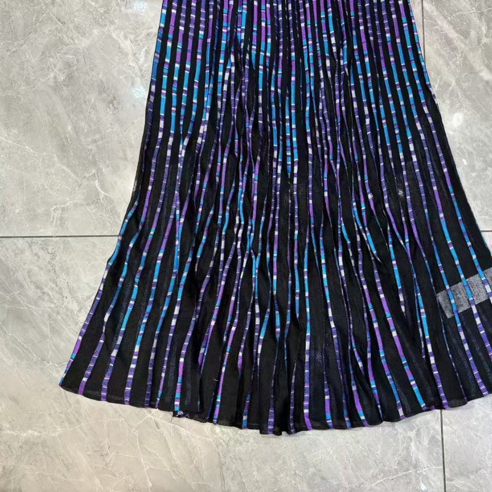 Retro temperament commuting color striped patchwork camisole pleated skirt long skirt fishtail dress