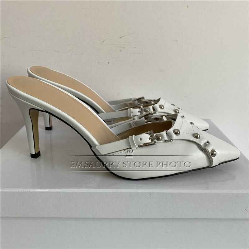 Sexy Rivet Decor Buckle Belt Point Toe Sandals Women Thin High Heel Genuine Leather Slingbacks Party Shoes Summer