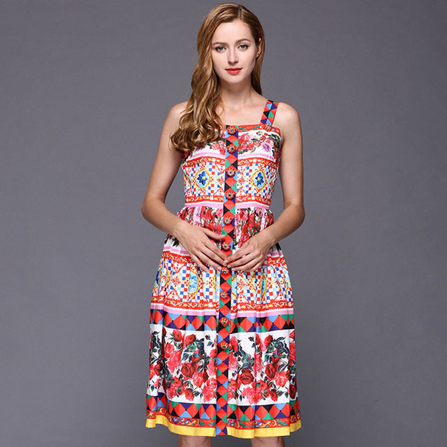 Fashion Designer Summer Dress Women's Spaghetti Strap Elegant Rose Floral Print Button Midi Dress