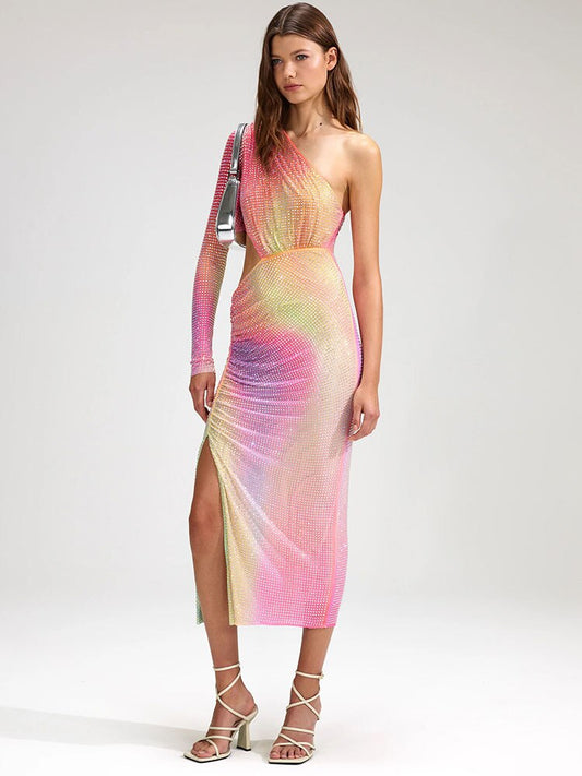 Sexy One Shoulder Sleeve Color Block Rhinestone Bodycon Dress Hollow Draped Split Mid length Dress Cocktail Party Vestidos