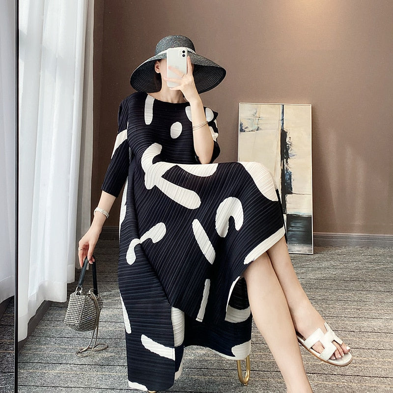 Pleated Dress Horizontal Pleated Elastic Print Loose Large Size Cover Belly All-Match Bottoming Skirt