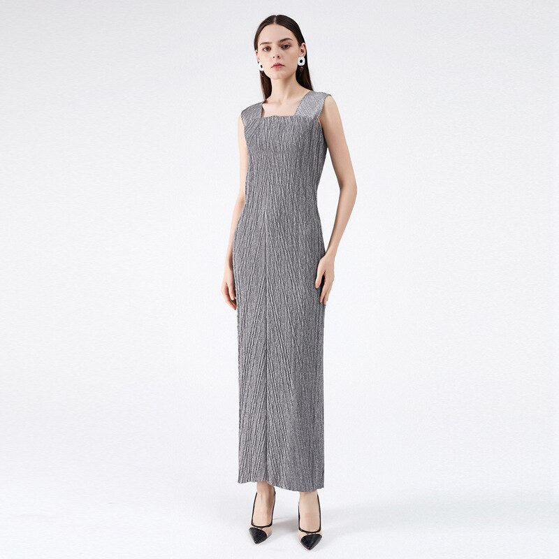 Pleated Dress Women's Two Piece Sling High Waist Lacing Elegant Ankel Length Banquet Formal New Summer Fashion