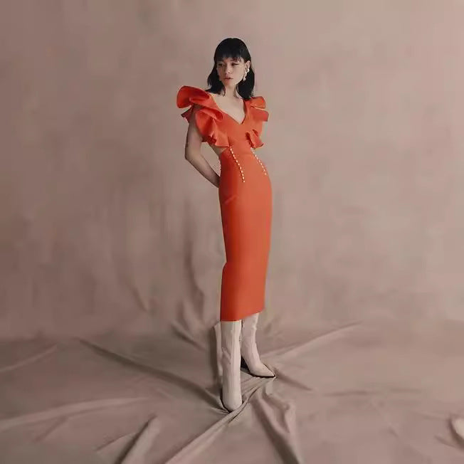 European and American summer new high-end fashion temperament bandage sleeveless orange dress long women's dress