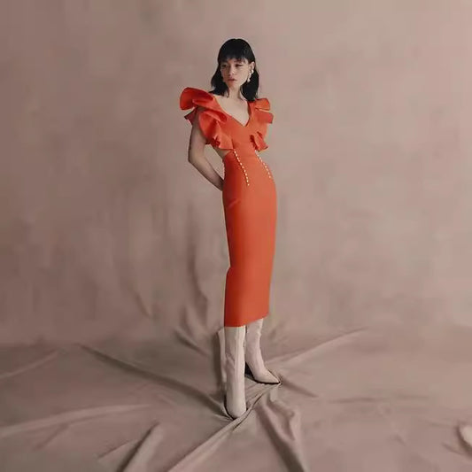 European and American summer new high-end fashion temperament bandage sleeveless orange dress long women's dress