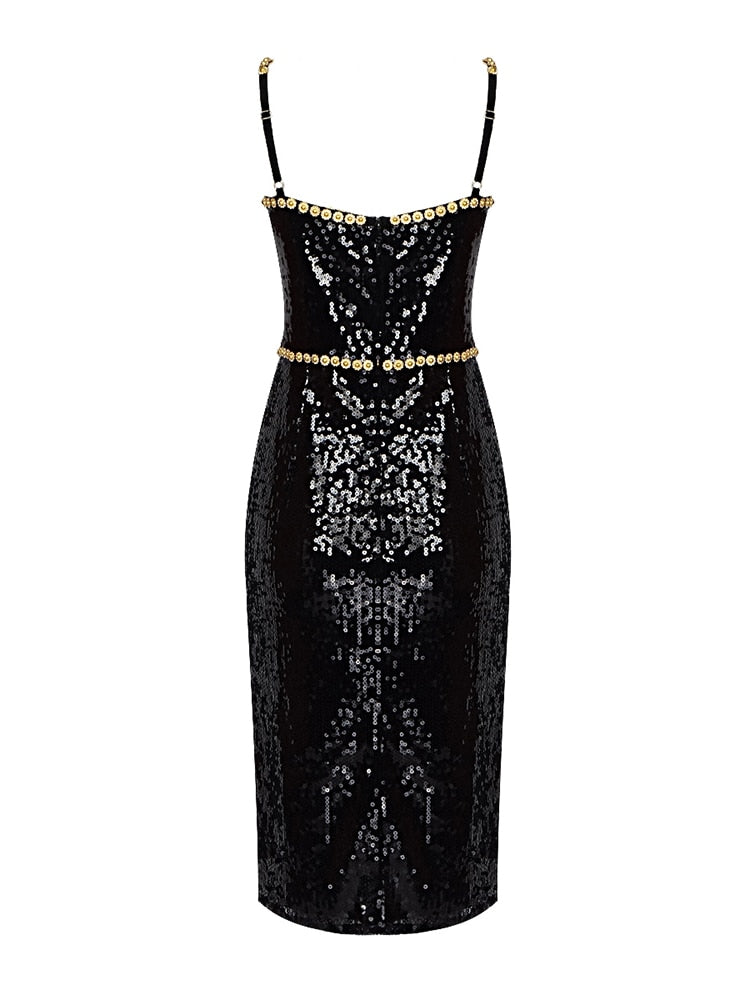 Black Evening Dinner Dress Women Elegant Square Collar Crystal Sequins Spaghetti Strap Dresses